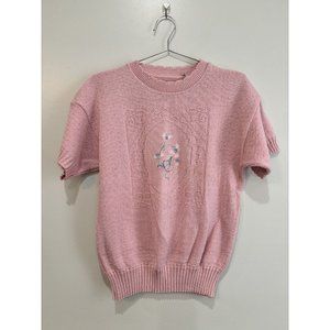 Vintage Pink  Short Sleeve Floral Embroidery Summer Sweater Medium Cottage Core